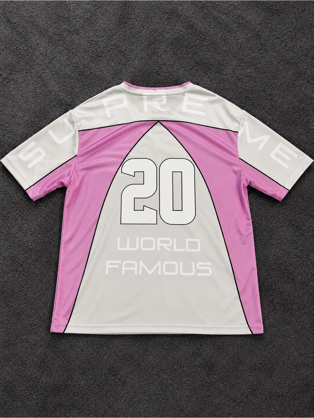 Supreme White & Pink 'World Famous' Jersey — No. 20